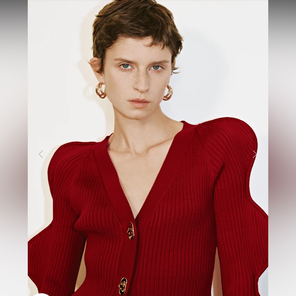 Red Ribbed Puff-Sleeve Button Cardigan - Picture 3 of 6